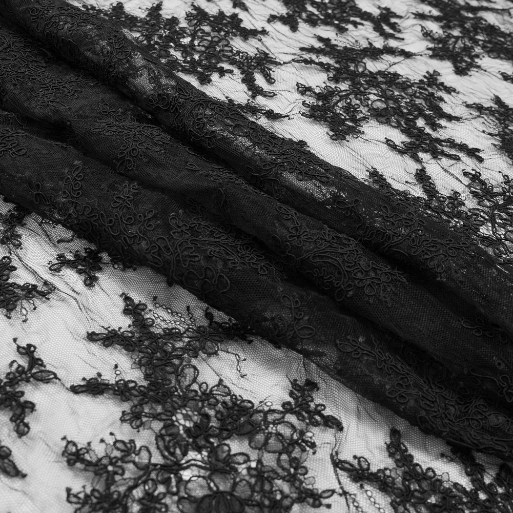 Corded Lace Panel With Finished Edges - Black Floral Fancy Border - 3 yards