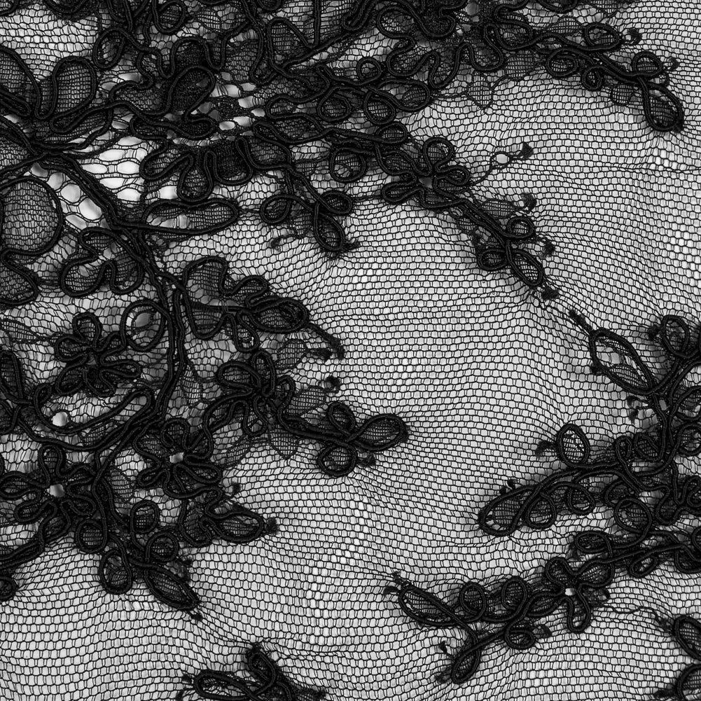 Corded Lace Panel With Finished Edges - Black Floral Fancy Border - 3 yards