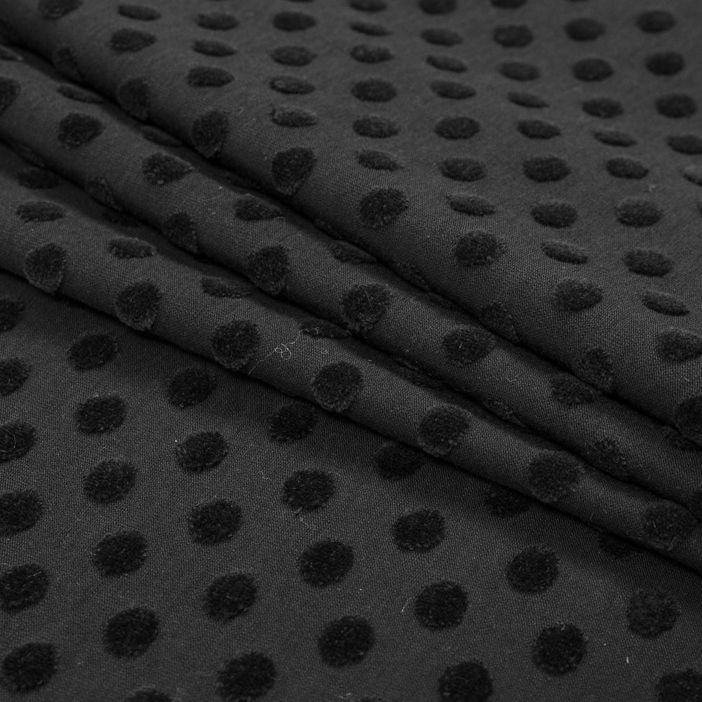 Black Knit Twill with Flocked Polka Dots