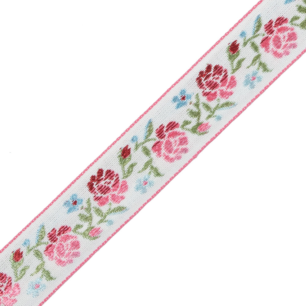 German Pink and Green Floral Jacquard Ribbon - 0.875"