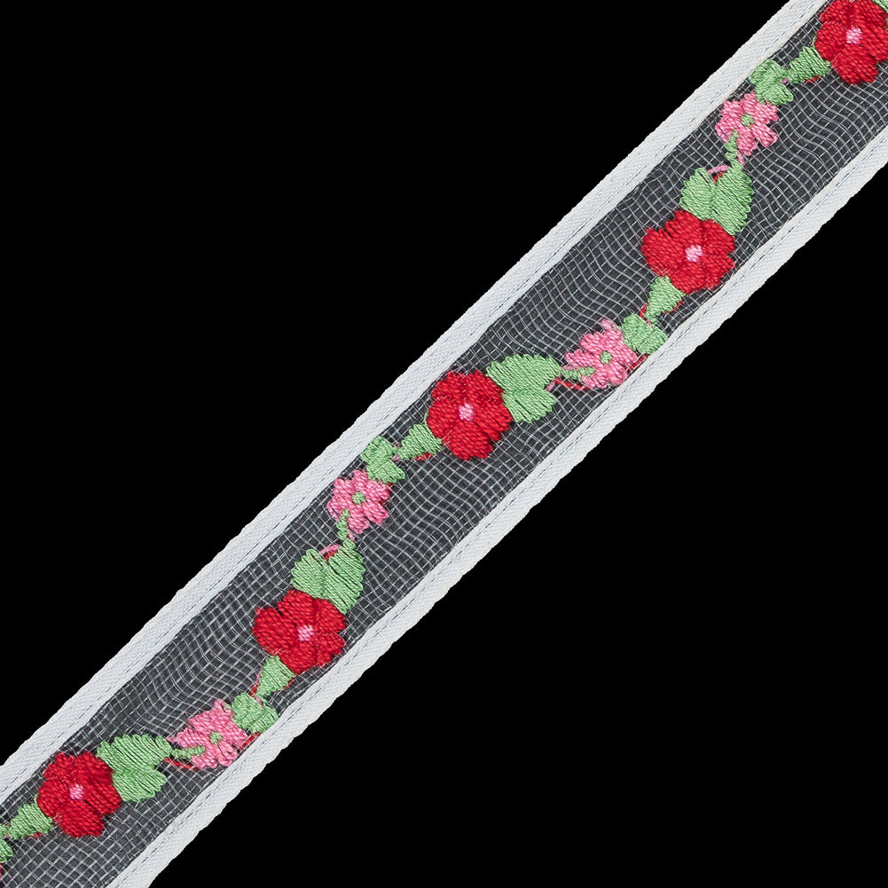 Red Floral Embroidered Tulle Ribbon - 1"