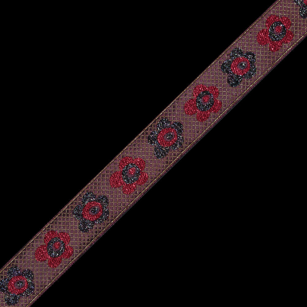 Red and Iridescent Metallic Floral Jacquard Ribbon - 1.25"