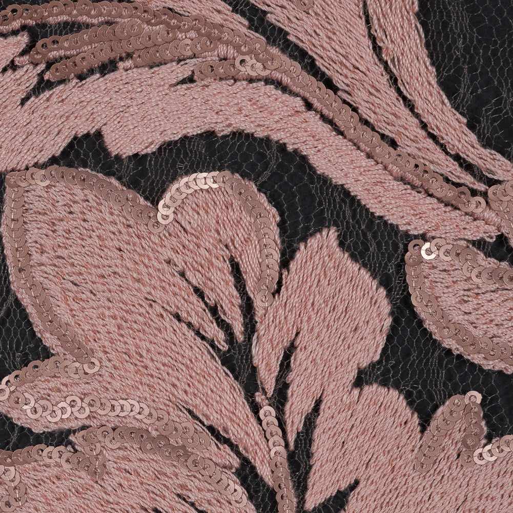 Embroidered Netting with Sequins - Coral Pink Floral