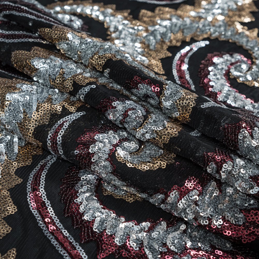 Netting with Sequins - Red, Silver and Gold Paisleys on Black