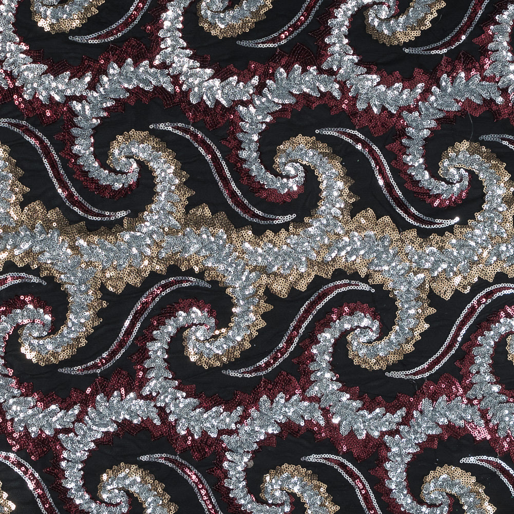 Netting with Sequins - Red, Silver and Gold Paisleys on Black