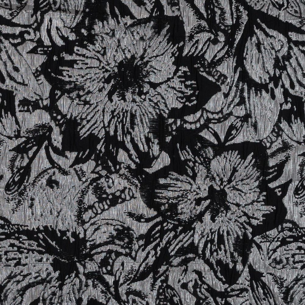 Black, Peach and Metallic Silver Floral Brocade