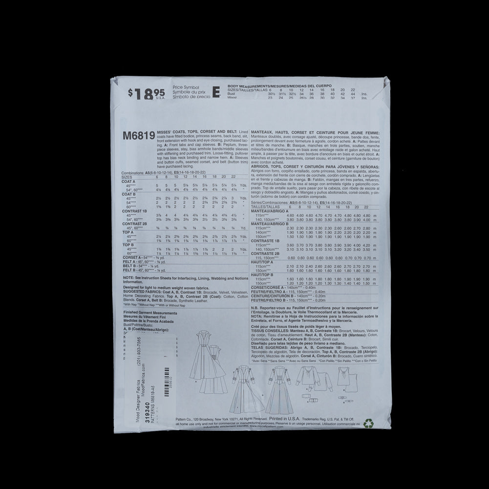 McCalls Costume Pattern M6819 Size A5