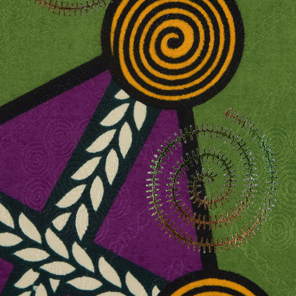 Purple and Green Waxed Cotton African Print with Inlaid Pattern and Metallic Ombre Spiral Foil