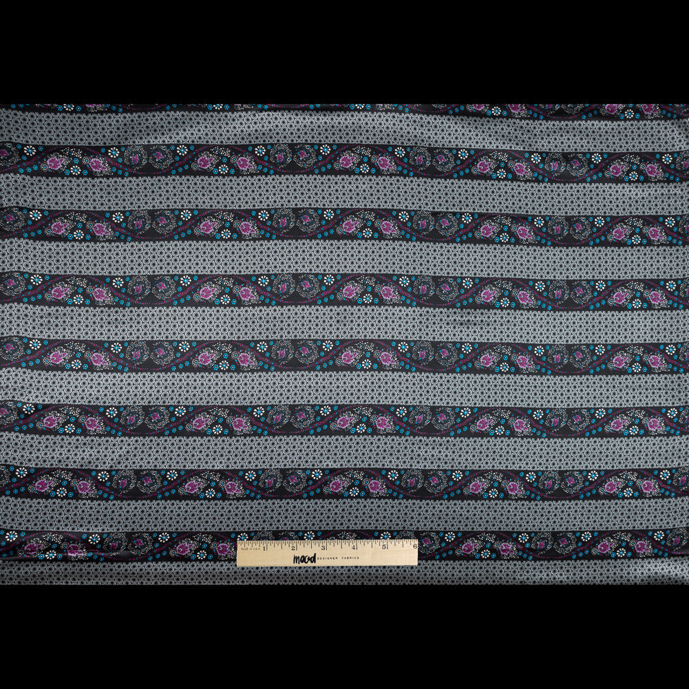 Gray and Purple Floral and Geometric Striped Silk Charmeuse