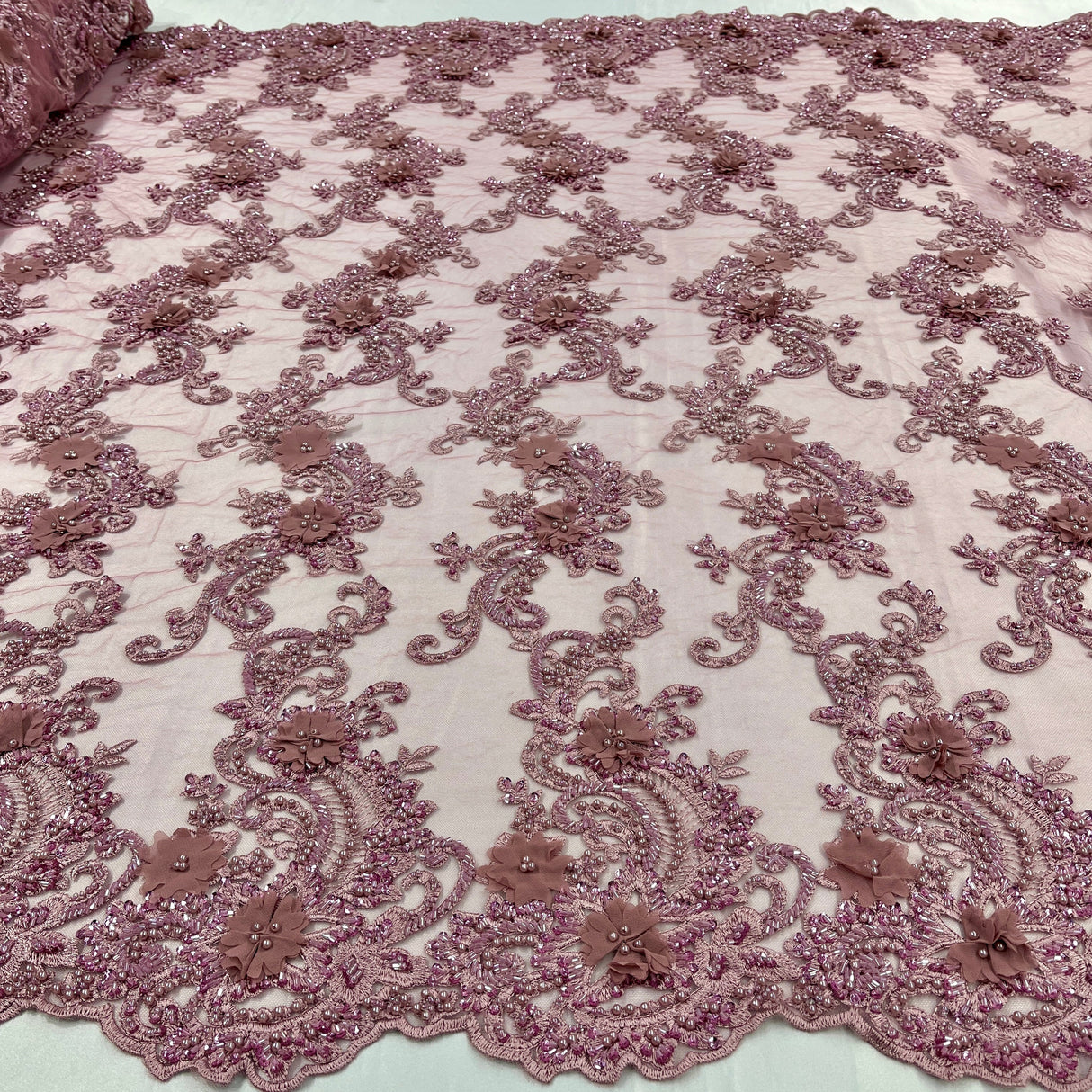 Beaded Floral Lace Fabric 3D Embroidered Net Mesh 52" Wide