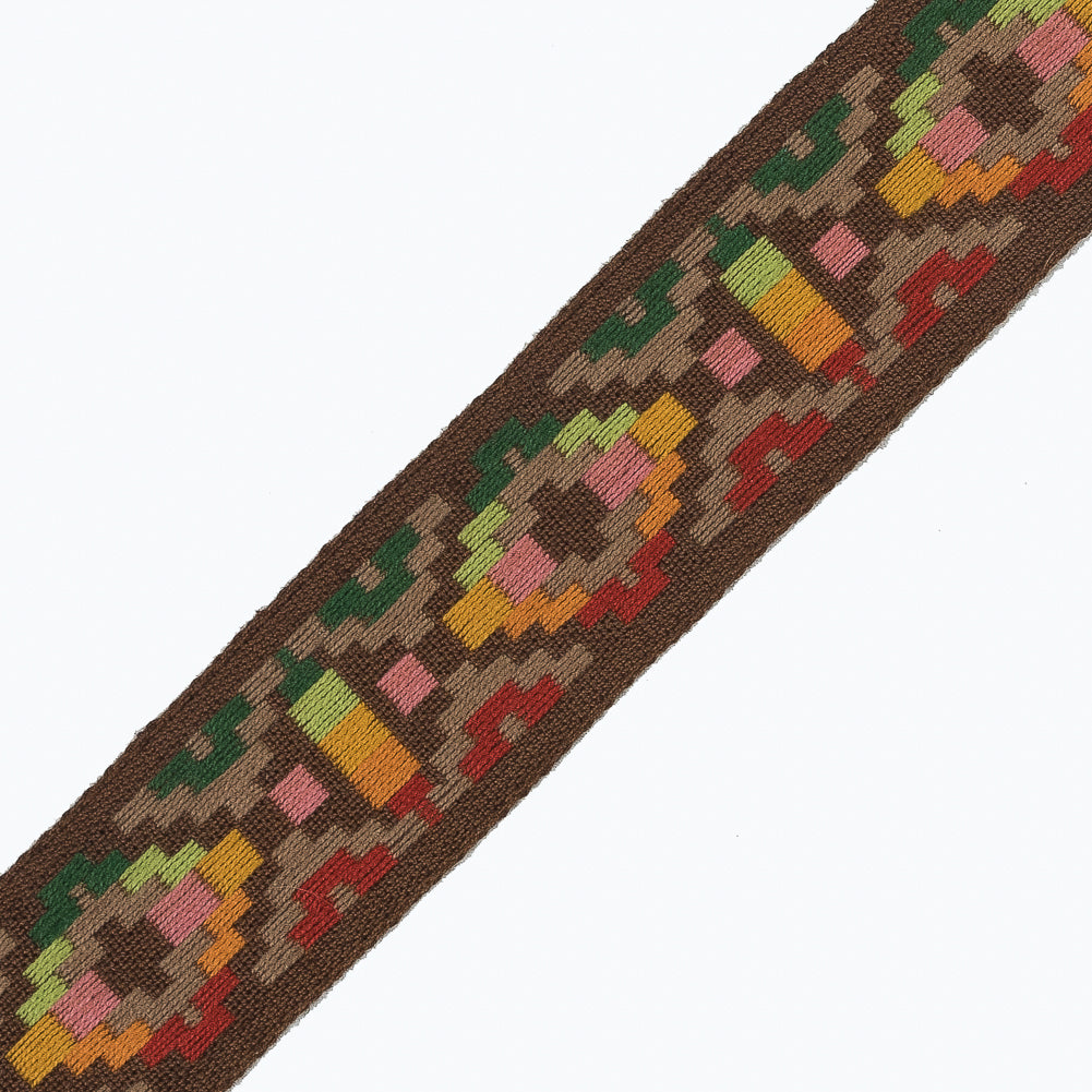 Brown Multicolor Geometric Jacquard Ribbon - 1"