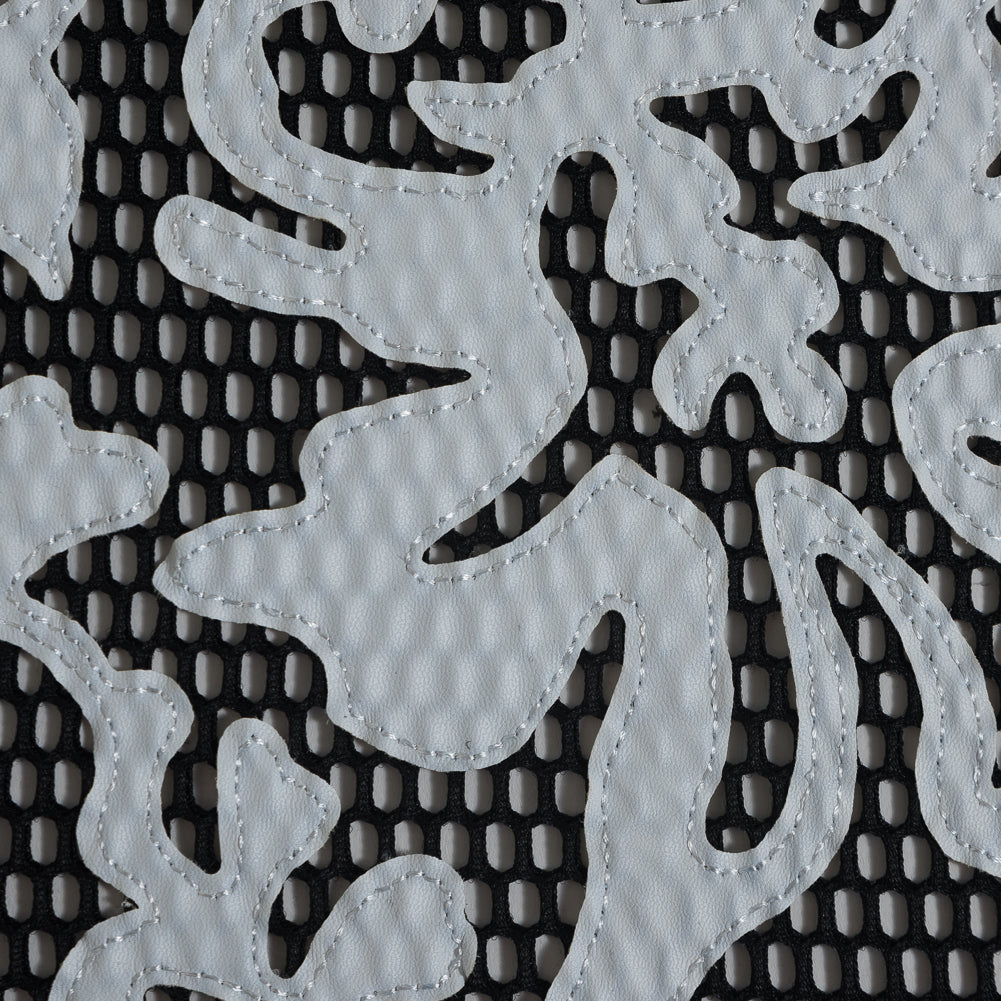 Wonder Mesh with Floral Faux Leather Embroidered Borders - Black and White
