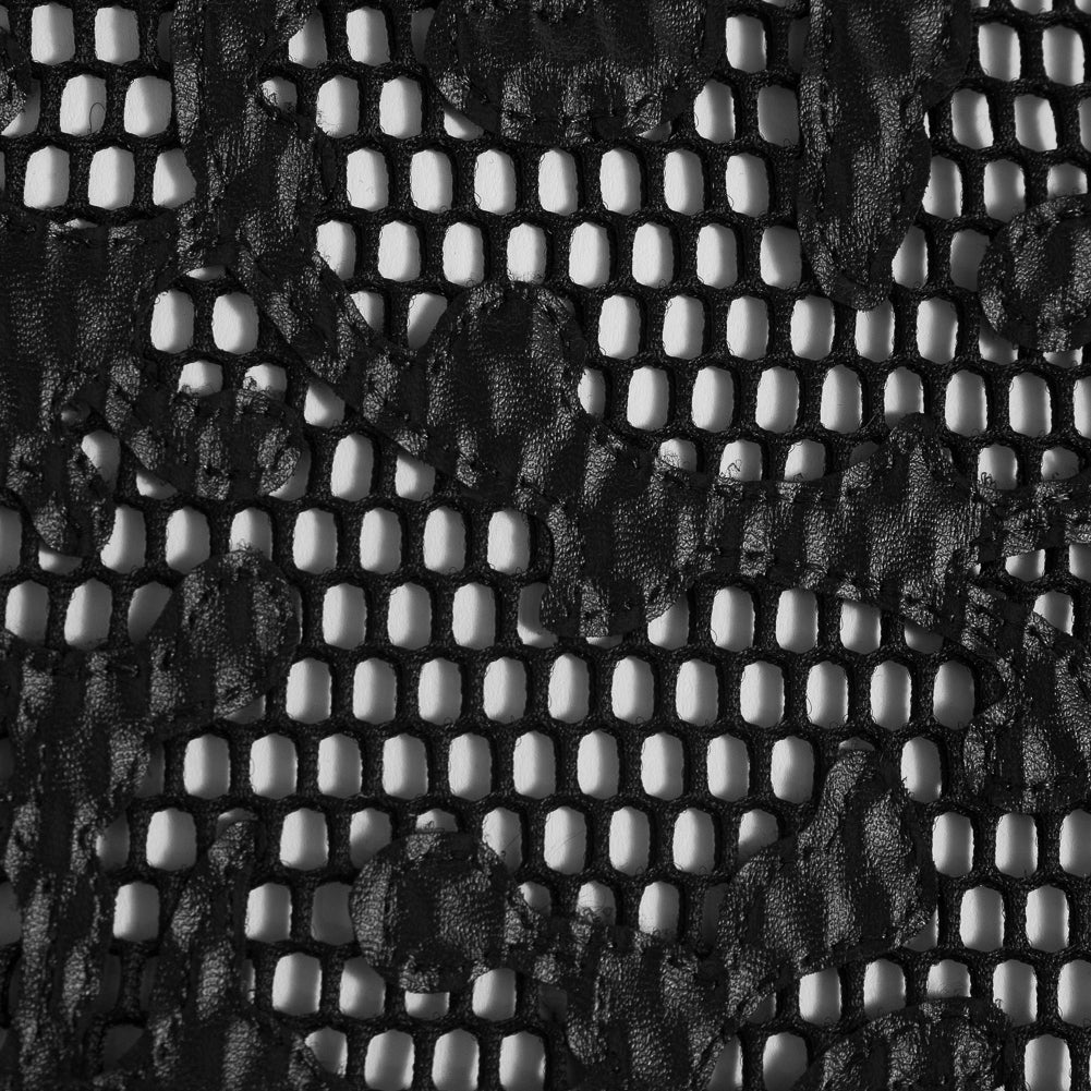 Wonder Mesh with Floral Faux Leather Embroidered Borders - Black