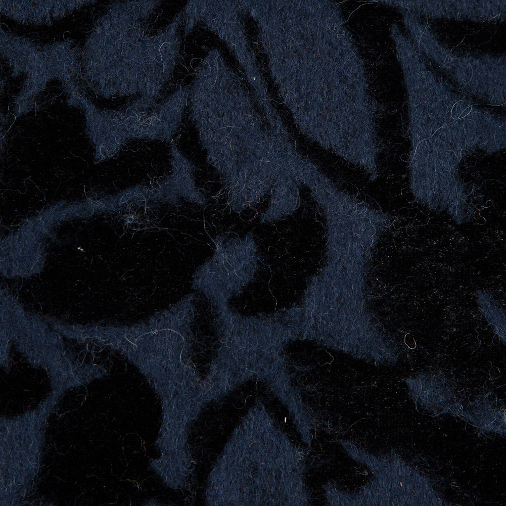 Bonded Wool Knit and Velour with Flocked Floral Design - Black and Navy Blue - Designer Deadstock