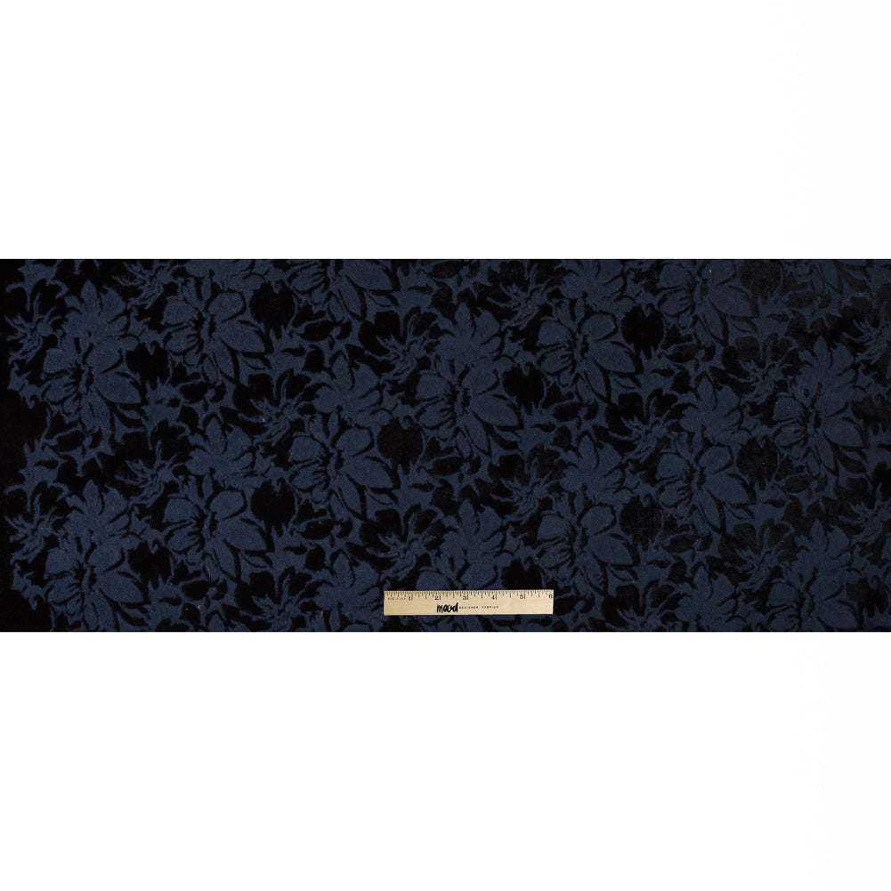 Bonded Wool Knit and Velour with Flocked Floral Design - Black and Navy Blue - Designer Deadstock