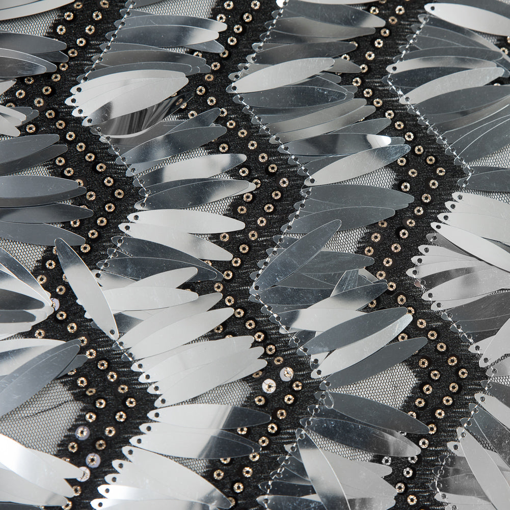 Black and Silver Chevron Fringe Sequin Fabric