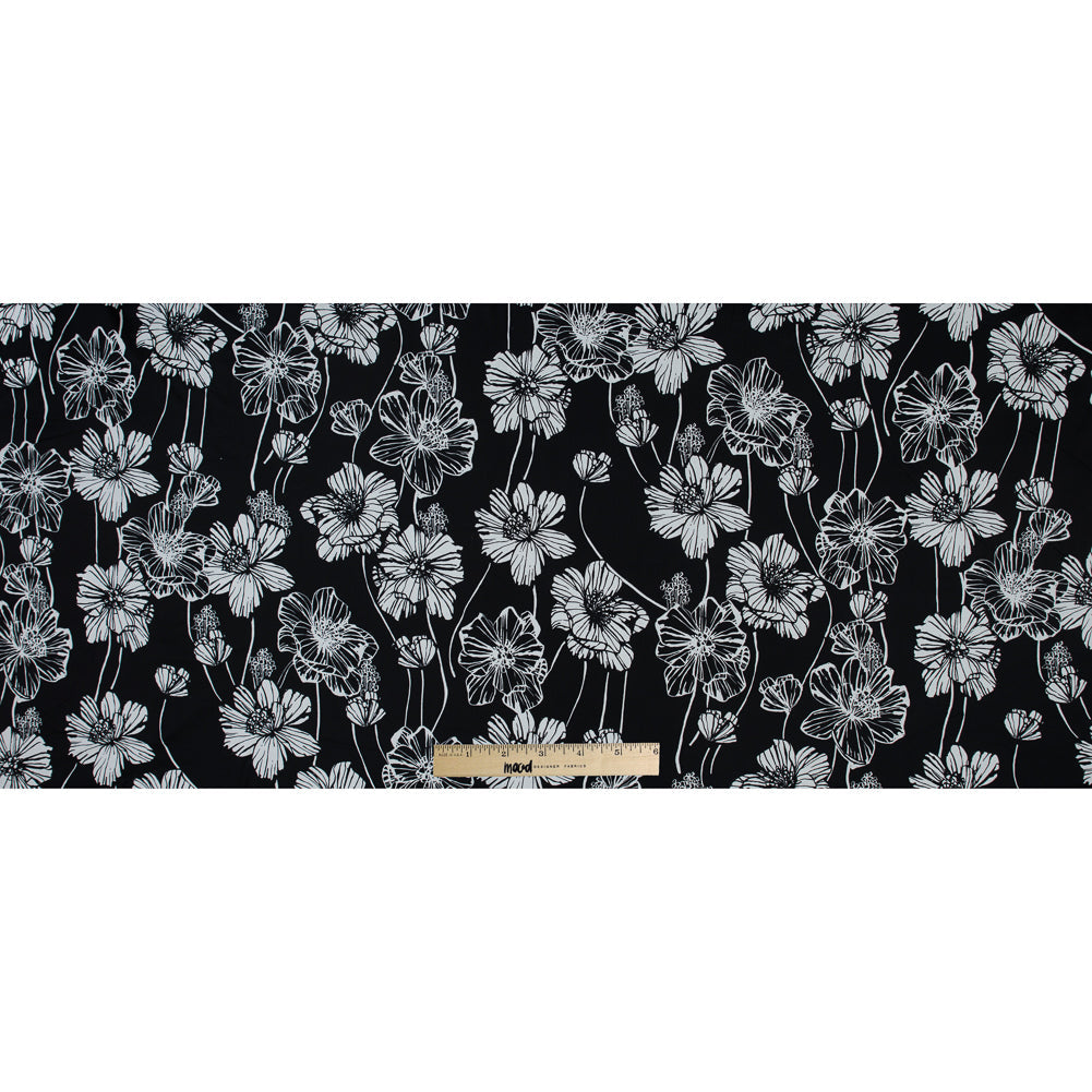 Black and White Large Floral Stretch Cotton Poplin