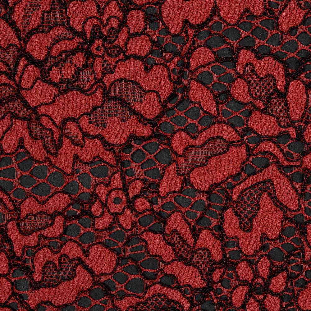 Red Coral and Black Floral Corded Lace with Eyelash Edges