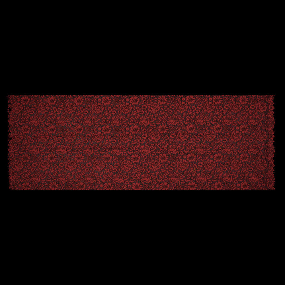 Red Coral and Black Floral Corded Lace with Eyelash Edges