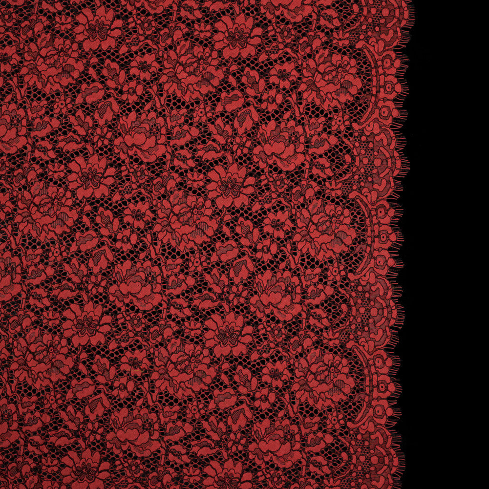 Red Coral and Black Floral Corded Lace with Eyelash Edges