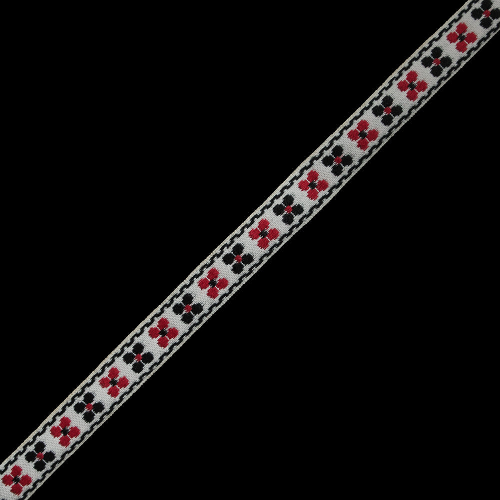 White, Black and Red Floral German Jacquard Ribbon - 0.75"