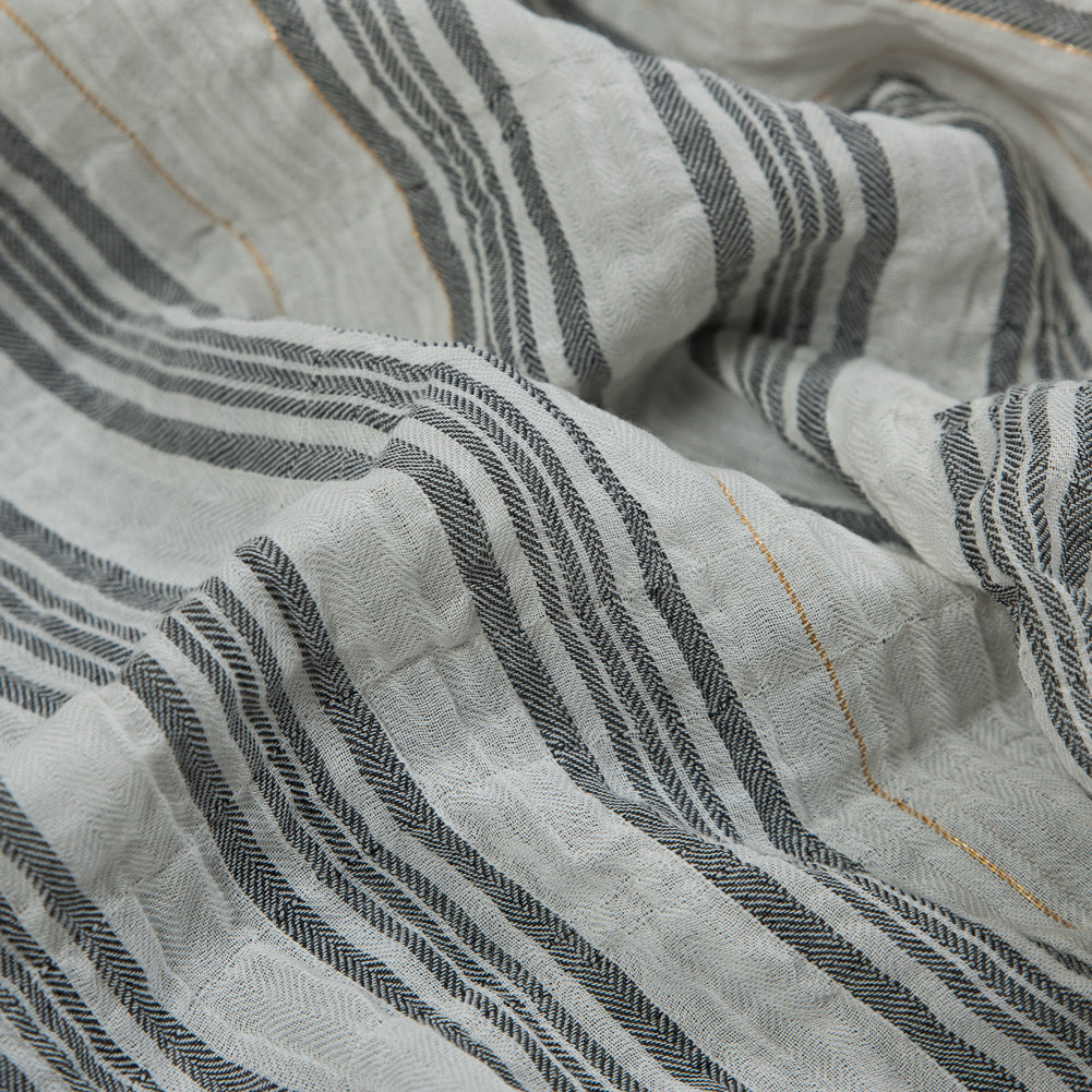 White, Black and Metallic Gold Striped Gauzy Cotton Dobby