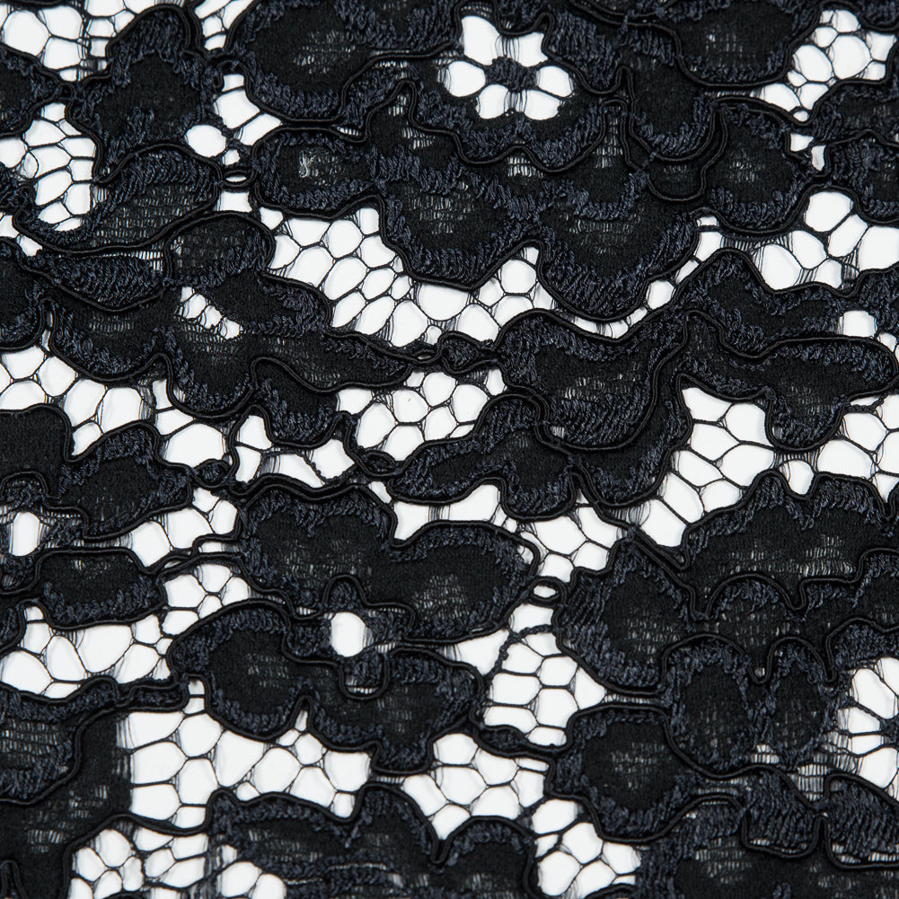 Famous NYC Designer Black Corded Floral Lace with Scalloped Edges