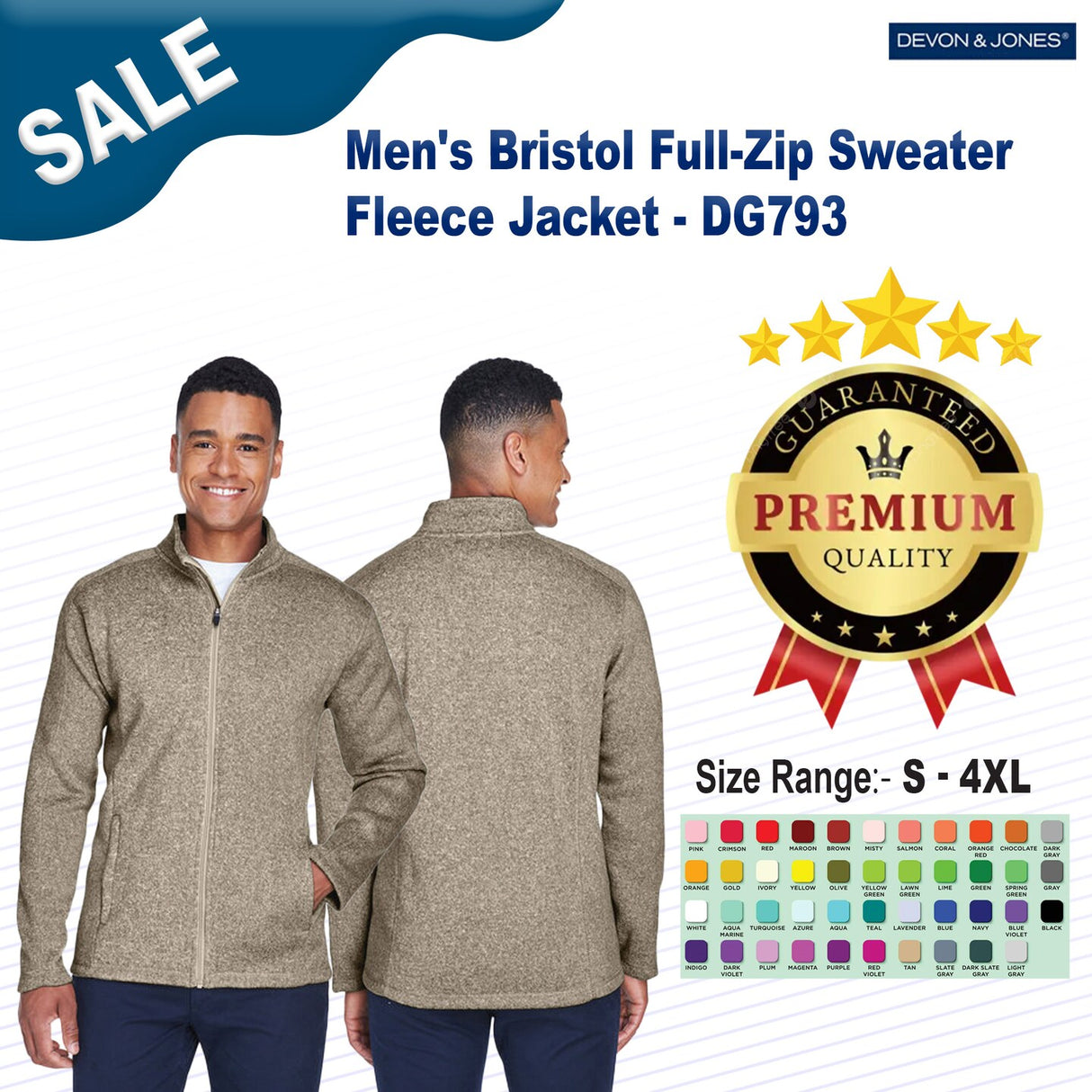 Devon & Jones® Men's Bristol Full-Zip Turtle Neck Long Sleeve Sweater Fleece Jacket