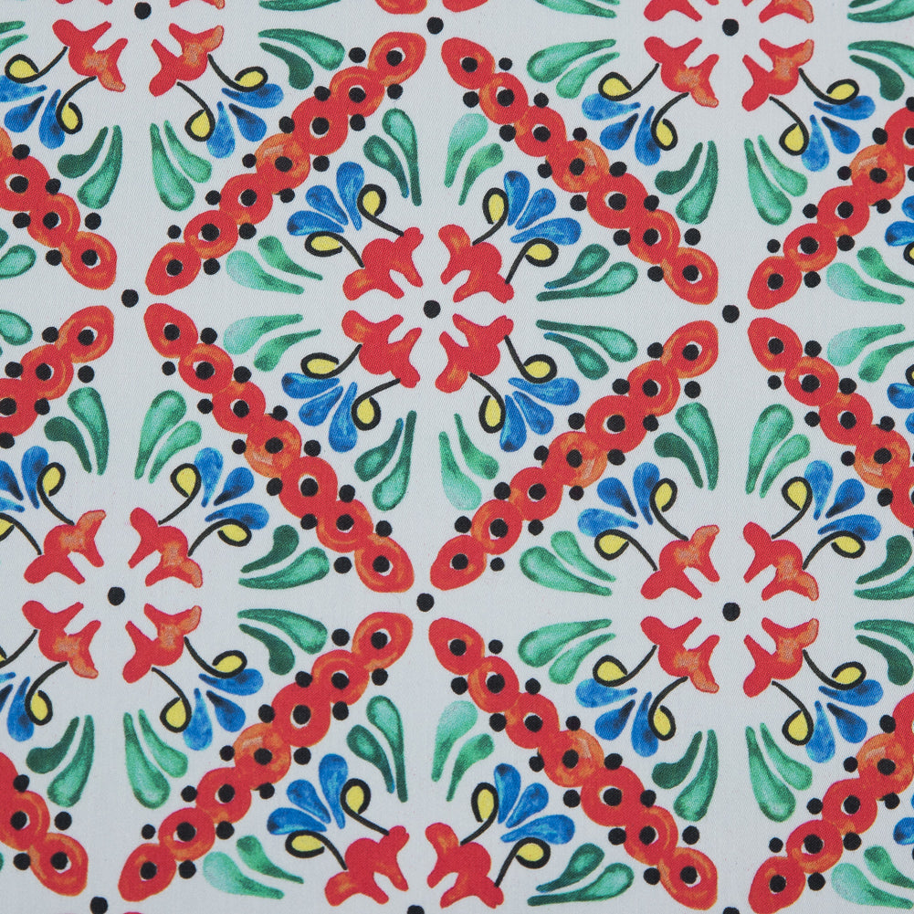 Orange, Green and Blue Diamond Floral Printed Stretch Twill Cotton