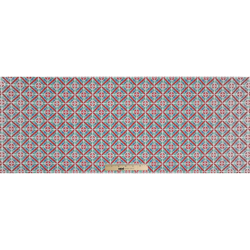 Orange, Green and Blue Diamond Floral Printed Stretch Twill Cotton