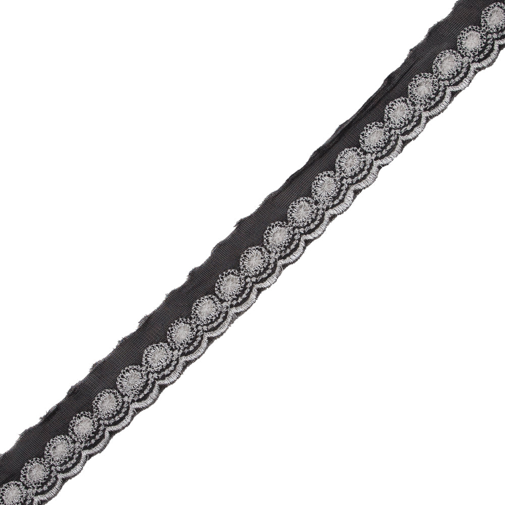 White and Black Embroidered Mesh Trim with a Scalloped Edge - 1"