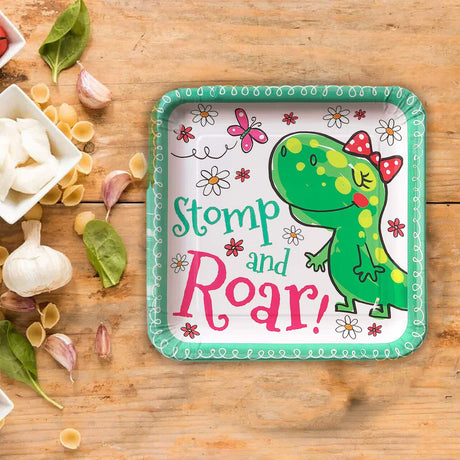 8 Ct. Girl Dinosaur Party Stomp and Roar Pink Paper Dinner Plates Durable Disposable 9" Plates for Kids’ Birthday Party