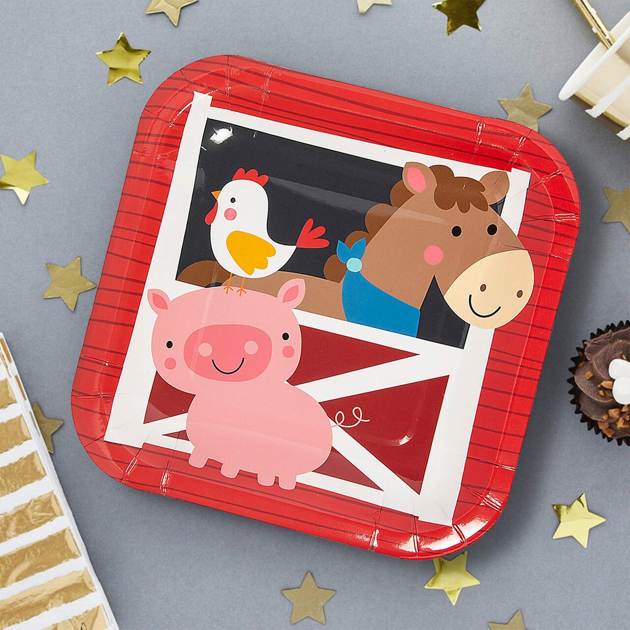 8 Ct. Farm Party Square Paper Dessert Plates Rooster, Horse & Pig Design 7-Inch