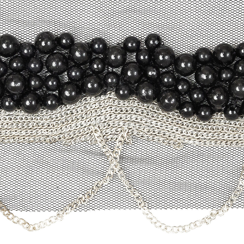Italian Black Beaded Mesh Trimming with Silver Metal Chains - 3.5"