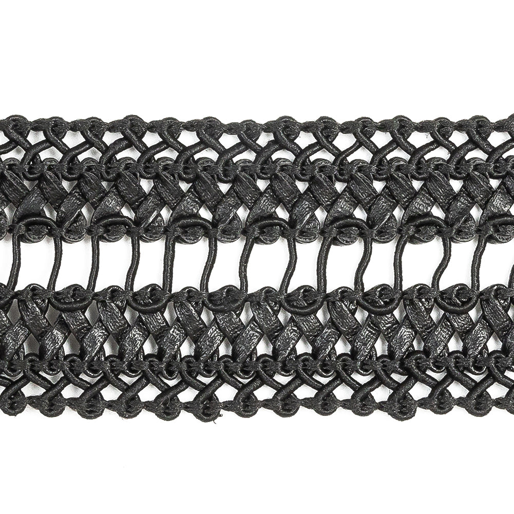 Italian Black Braided Faux Leather Trim - 1.5"