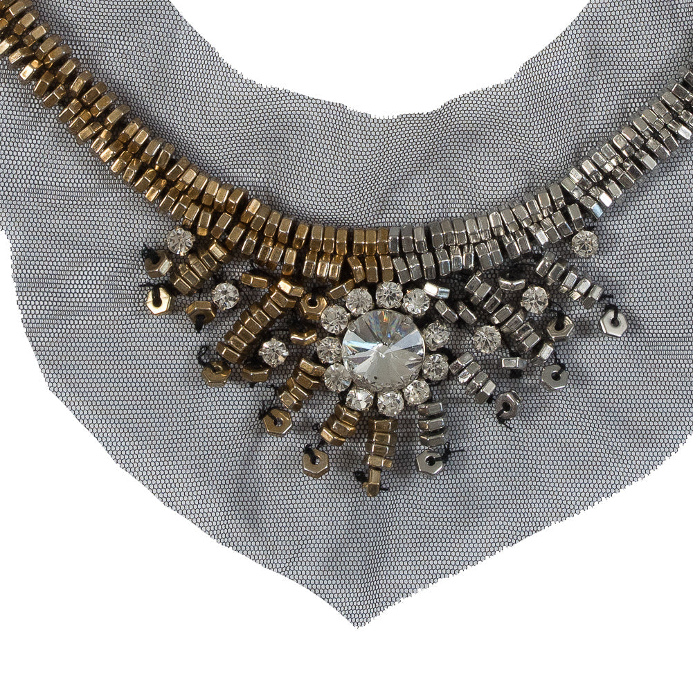 Italian Silver and Gold Beaded Rhinestone Neckline Applique on Black Mesh
