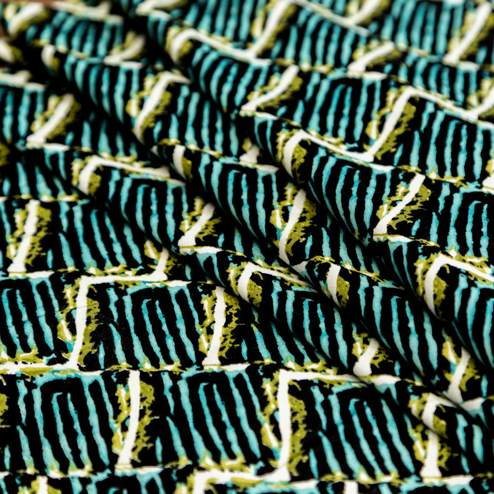 Blue Tiger Striped Diamond Printed Stretch Cotton Twill