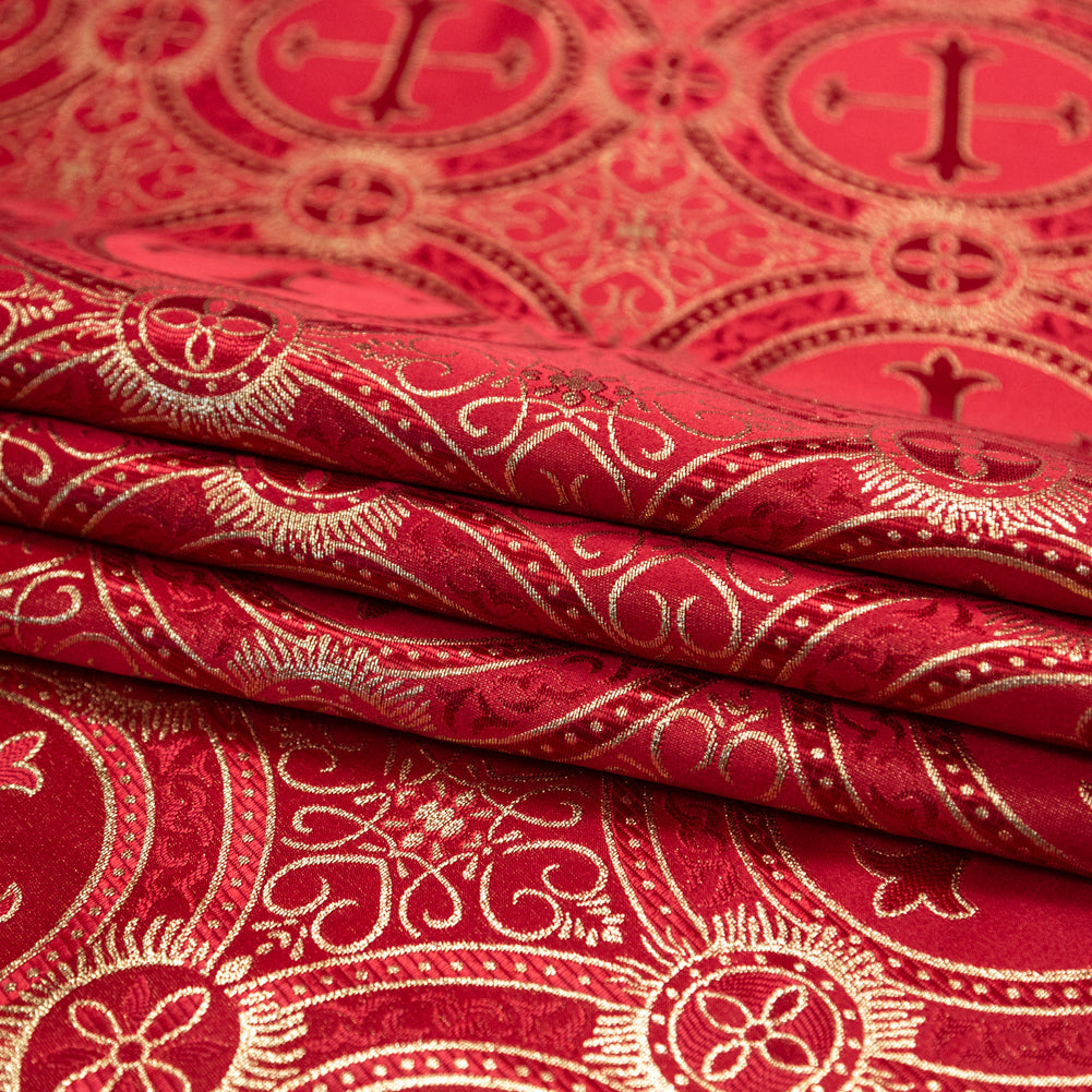 Red and Metallic Gold Ecclesiastical Medallion Jacquard