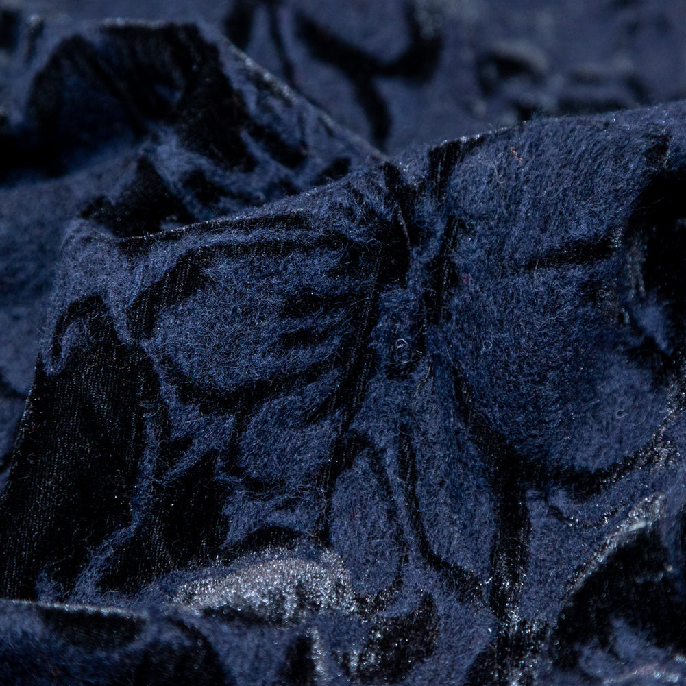 Floral Bonded Wool Knit and Velour - Navy and Black