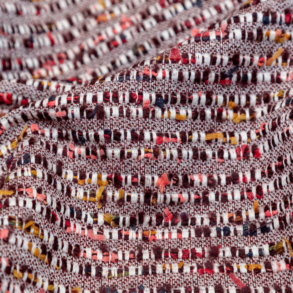 Burgundy and White Striped Cotton and Wool Tweed