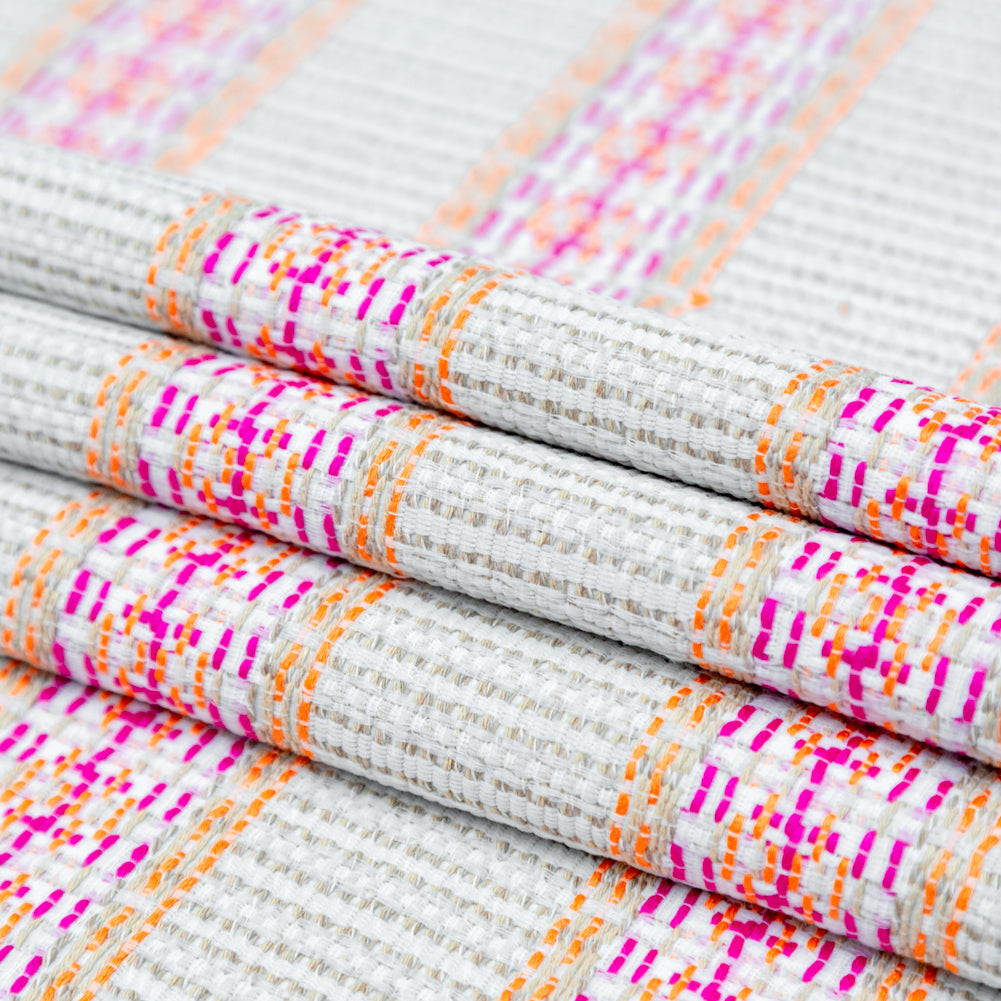 Magenta, Orange and Beige Awning Striped Cotton Tweed