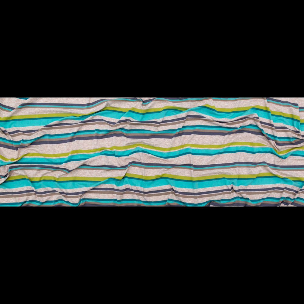 Turquoise, Lime and Taupe Barcode Striped Rayon Jersey
