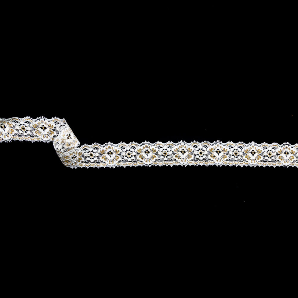 European White and Metallic Gold Stretch Lace Trim with Double Scalloped Edges - 1.25"