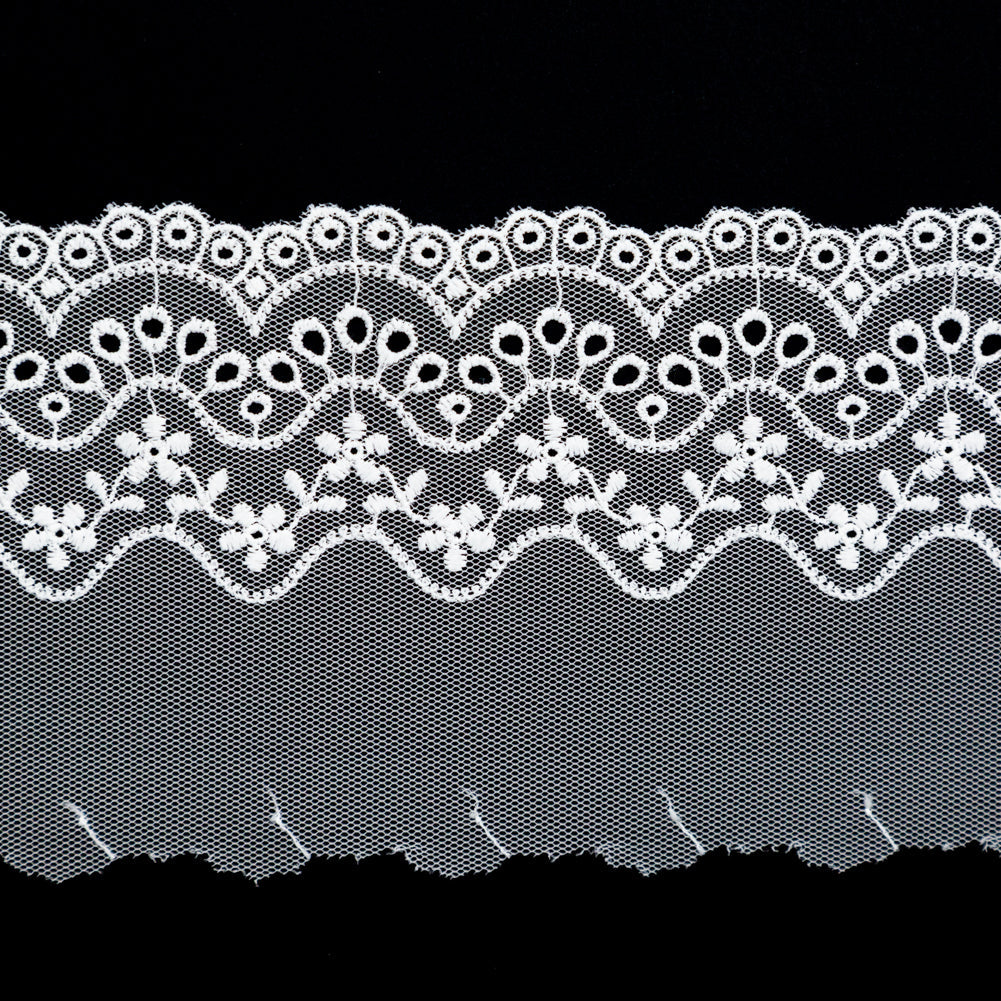 European White Embroidered Eyelet Lace Trim - 3.375"