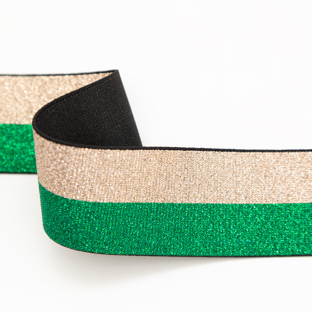 Italian Metallic Green and Gold Striped Elastic Ribbon - 1.625"