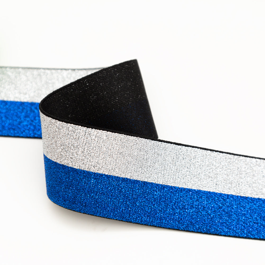Italian Metallic Blue and Silver Striped Elastic Ribbon - 1.625"