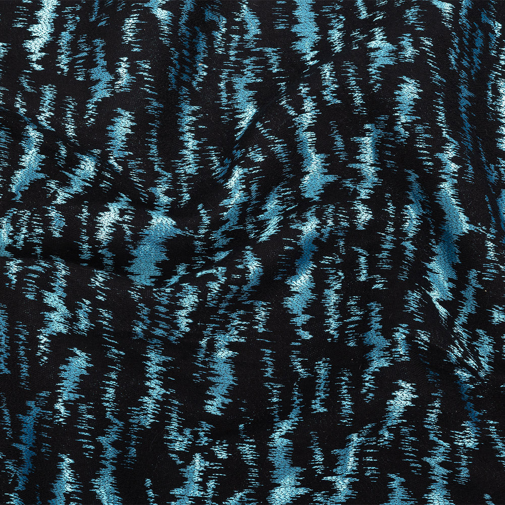 Black and Metallic Light Blue Ikat Brocade