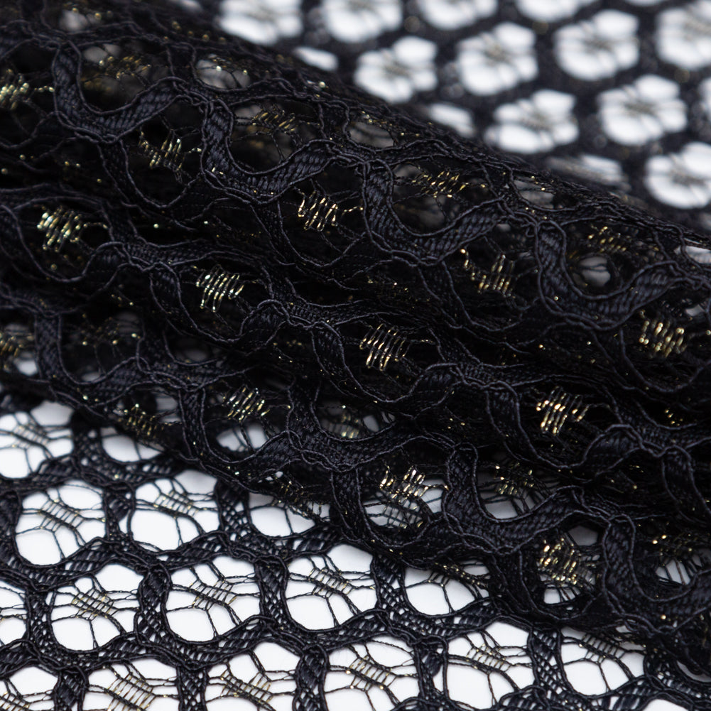 Stretch Corded Chantilly Lace - Metallic Gold and Black Geometric