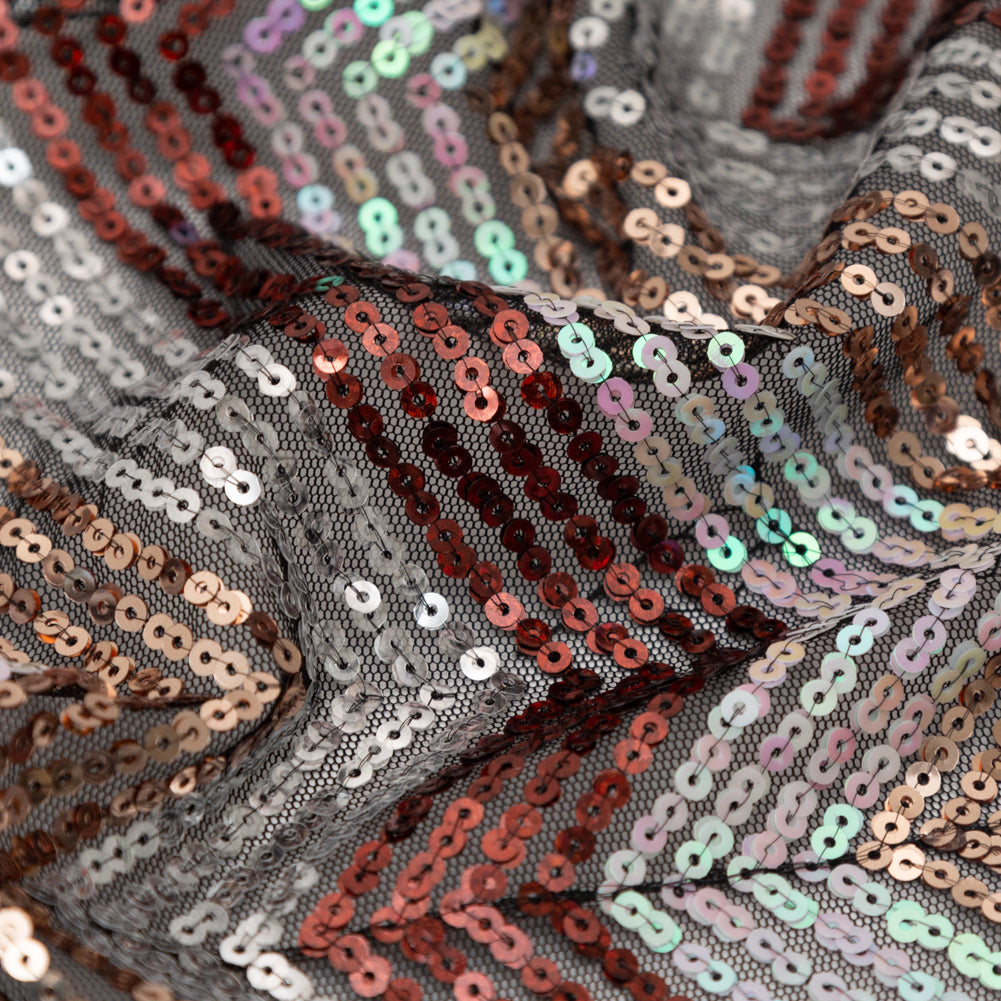 Tulle with Baby Sequins - Iridescent Pink, Rust, Rose Gold and Silver Zig Zag on Black