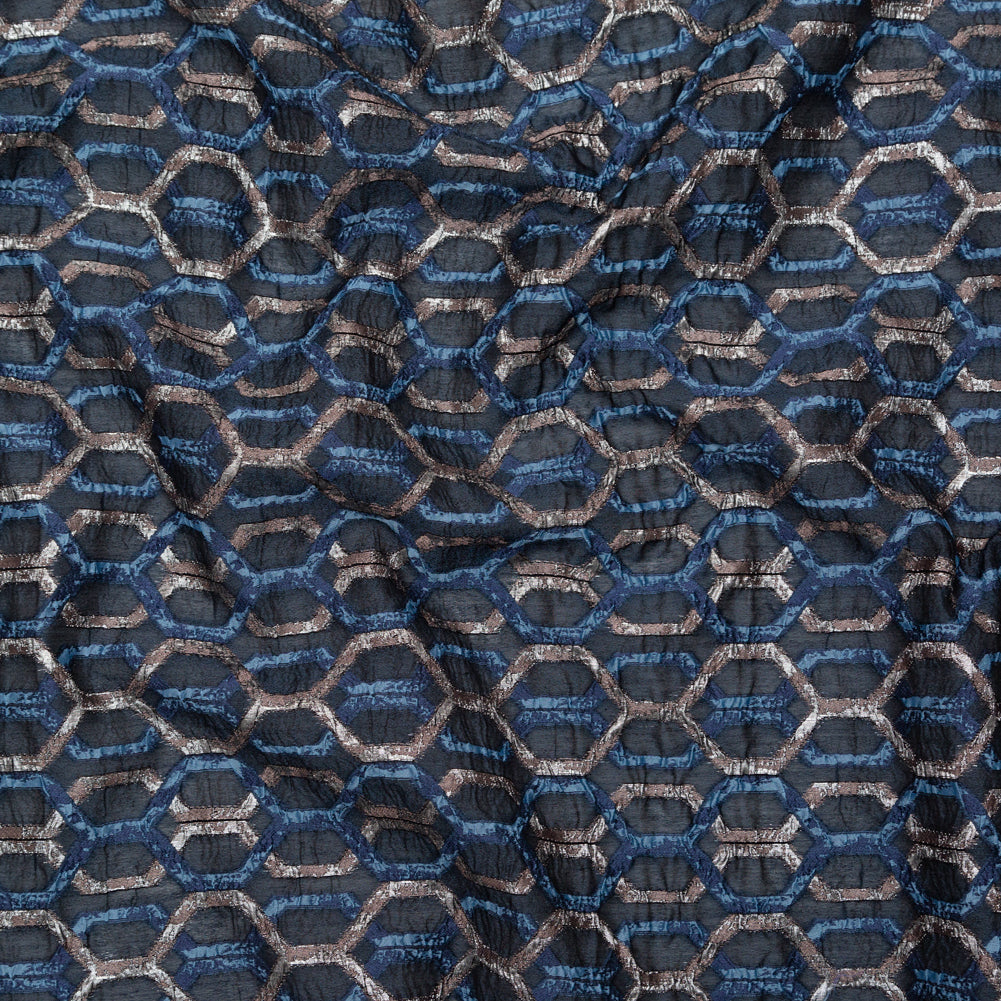 Metallic Eclipse and Silver Overlapping Hexagons Organza Brocade